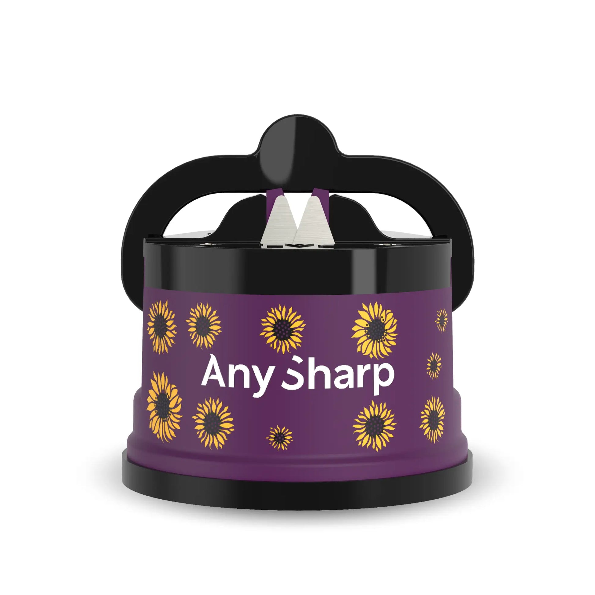 AnySharp Classic Knife Sharpener with sunflower design, compact handheld tool for easy kitchen knife sharpening.