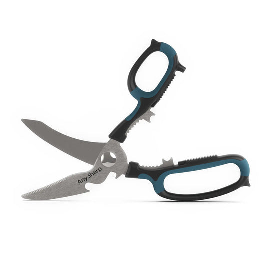 Pair of AnySharp Smart Scissors with ergonomic handles and sharp blades, designed for precise cutting tasks.