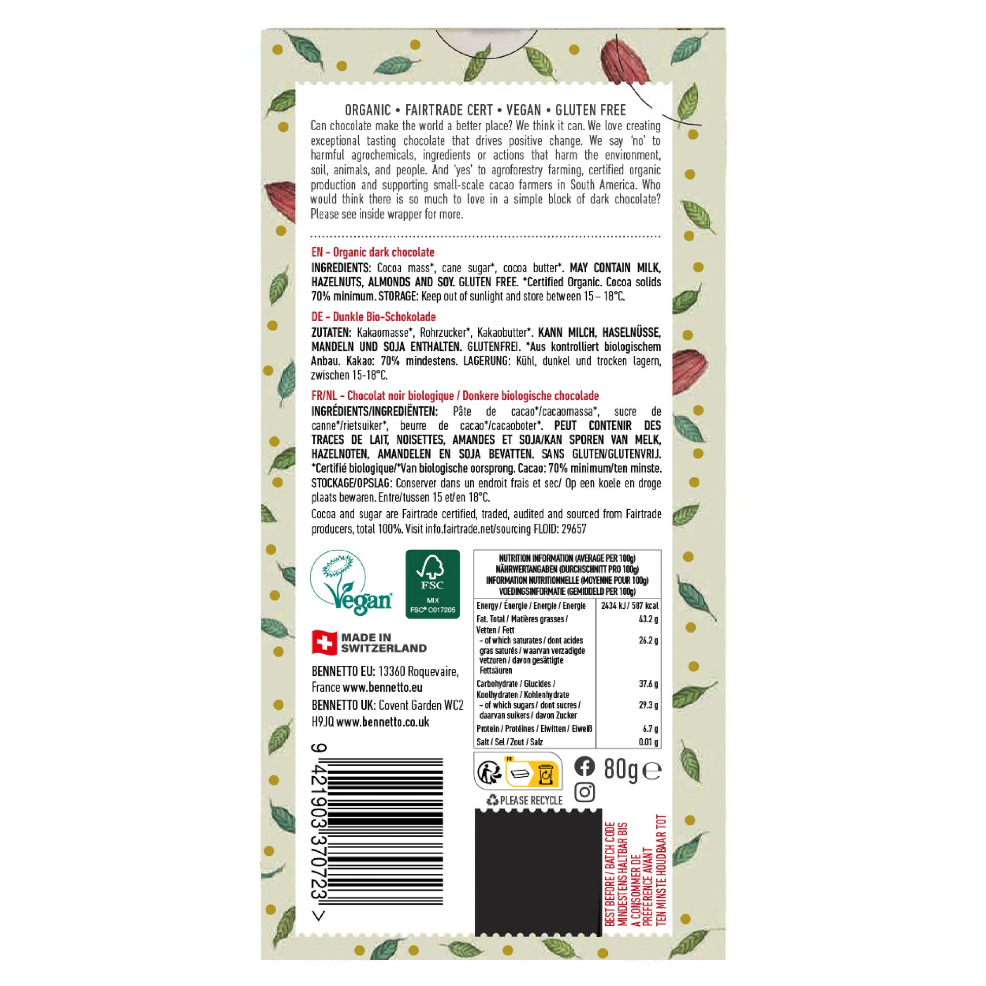 Bennetto Natural Foods UK 70% organic dark chocolate bar with rich, smooth texture and deep cocoa color.