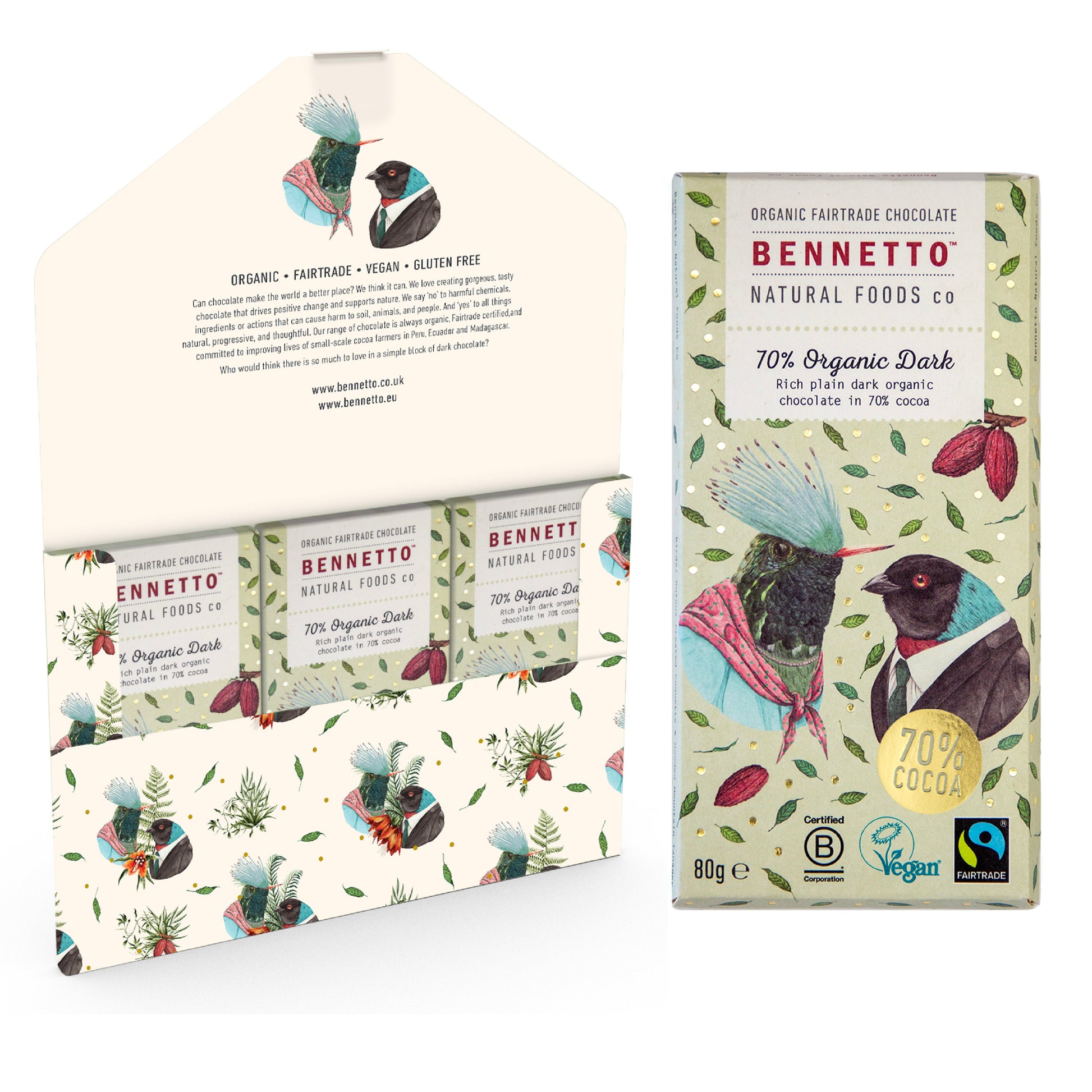 Bennetto Natural Foods UK 70% organic dark chocolate in a three-pack, showing rich, smooth dark chocolate bars inside.