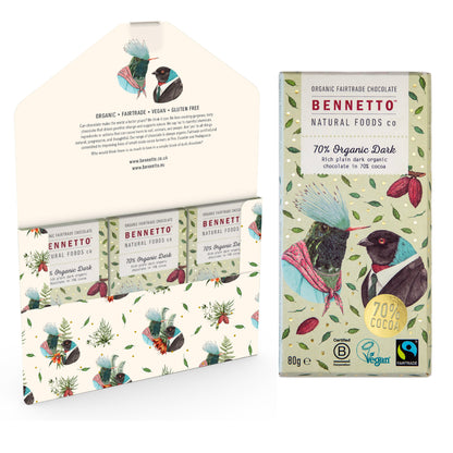 Bennetto Natural Foods UK 70% organic dark chocolate in a three-pack, showing rich, smooth dark chocolate bars inside.