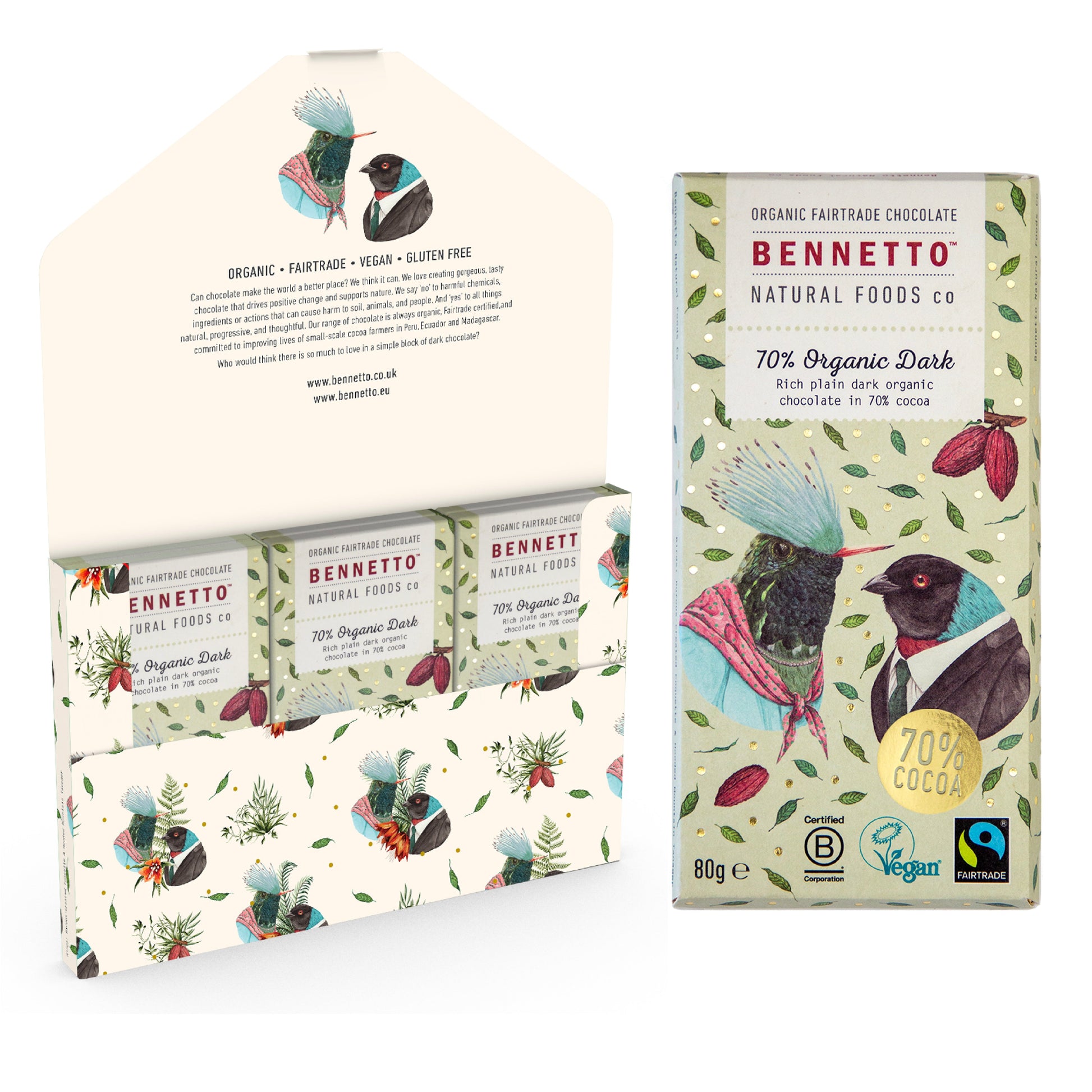 Bennetto Natural Foods UK 70% organic dark chocolate six-pack, showing individual chocolate bars with textured surface.