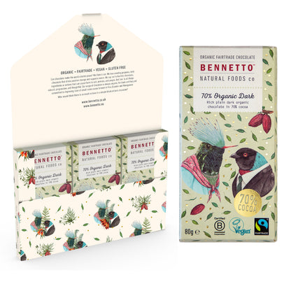 Bennetto Natural Foods UK 70% organic dark chocolate six-pack, showing individual chocolate bars with textured surface.