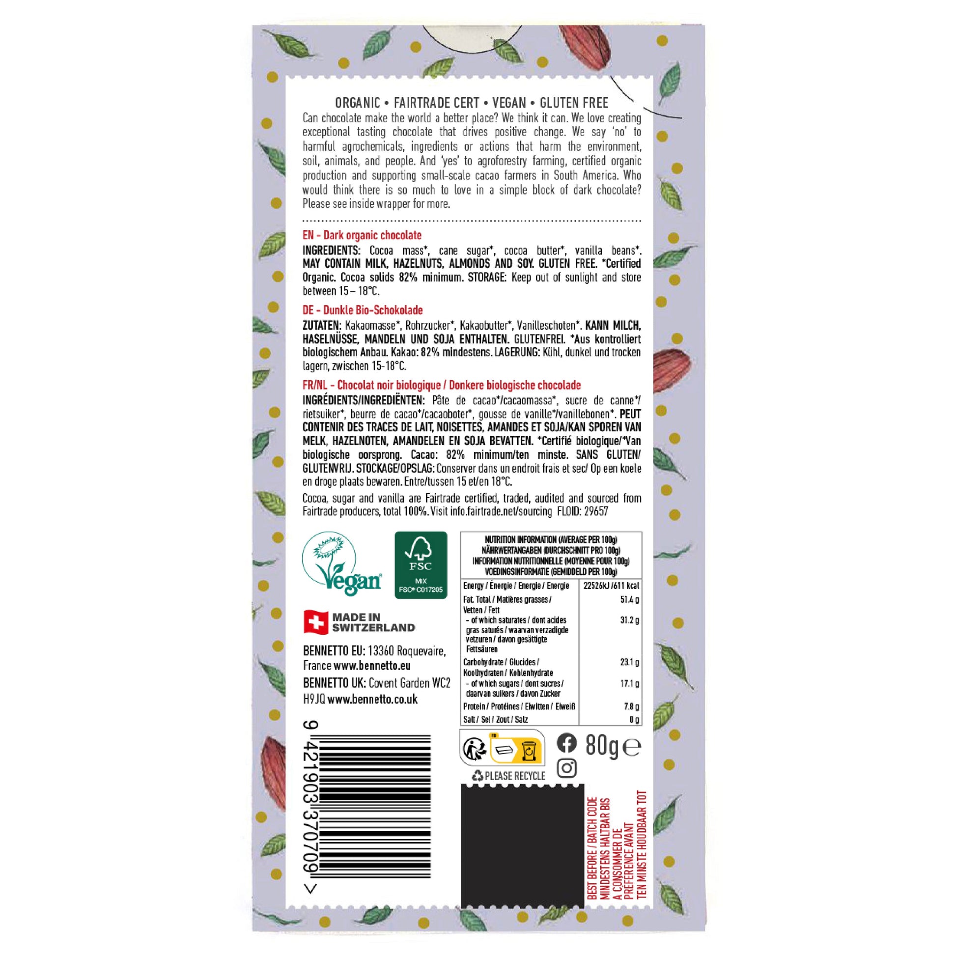 Bennetto Natural Foods UK 82% super dark chocolate bar, showing the back with textured dark chocolate surface.