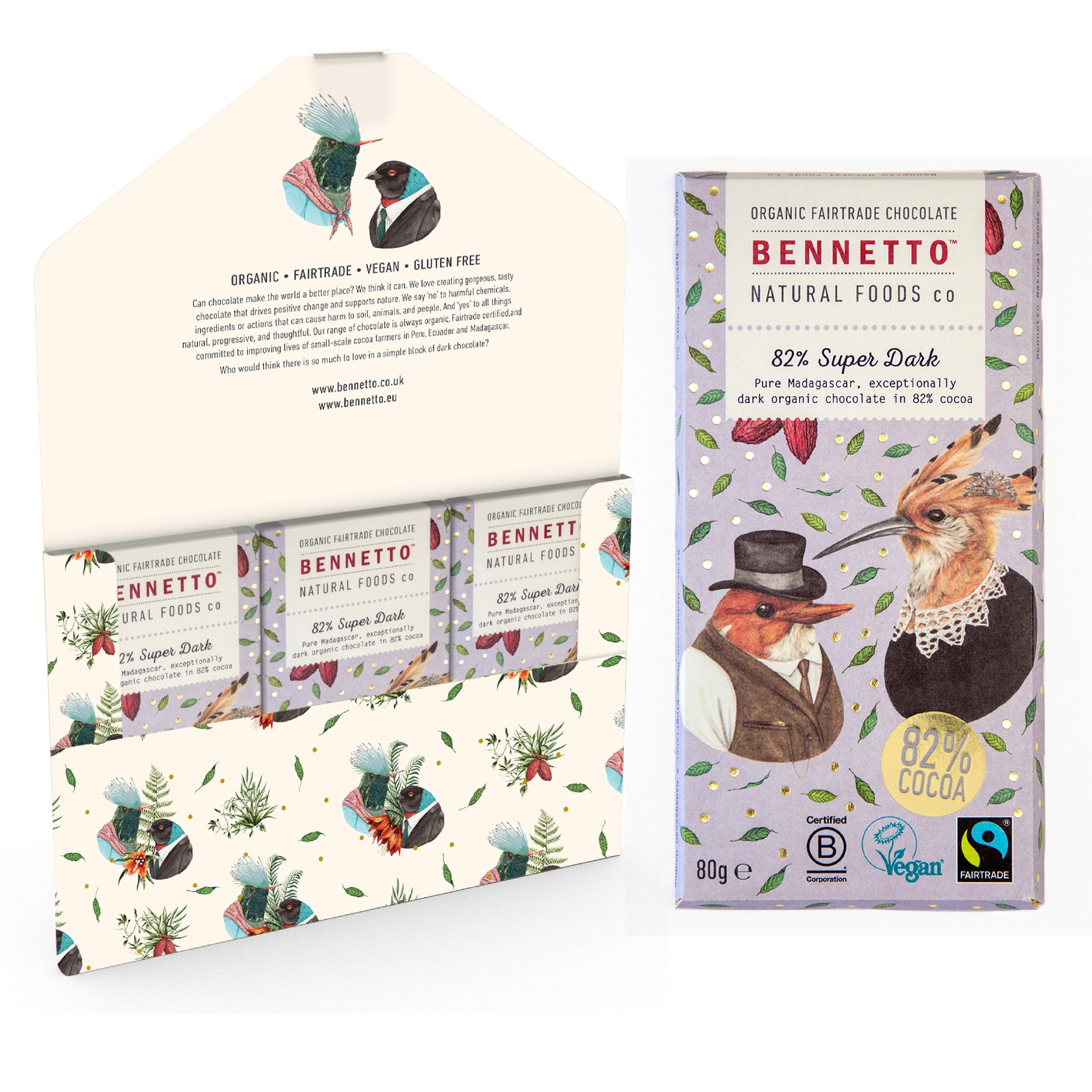 Bennetto Natural Foods UK 82% super dark chocolate in a three-pack, showing rich, glossy dark chocolate bars with textured surface.