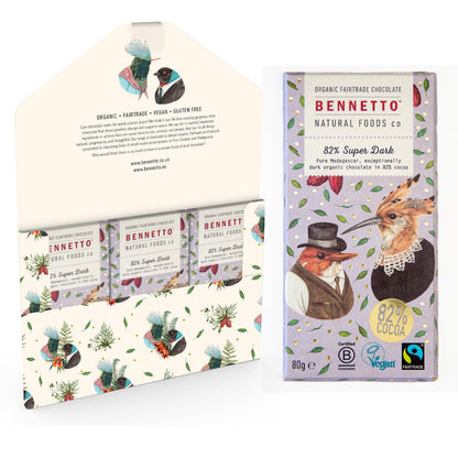 Bennetto Natural Foods UK 82% super dark chocolate in a three-pack, showing rich, glossy dark chocolate bars with textured surface.