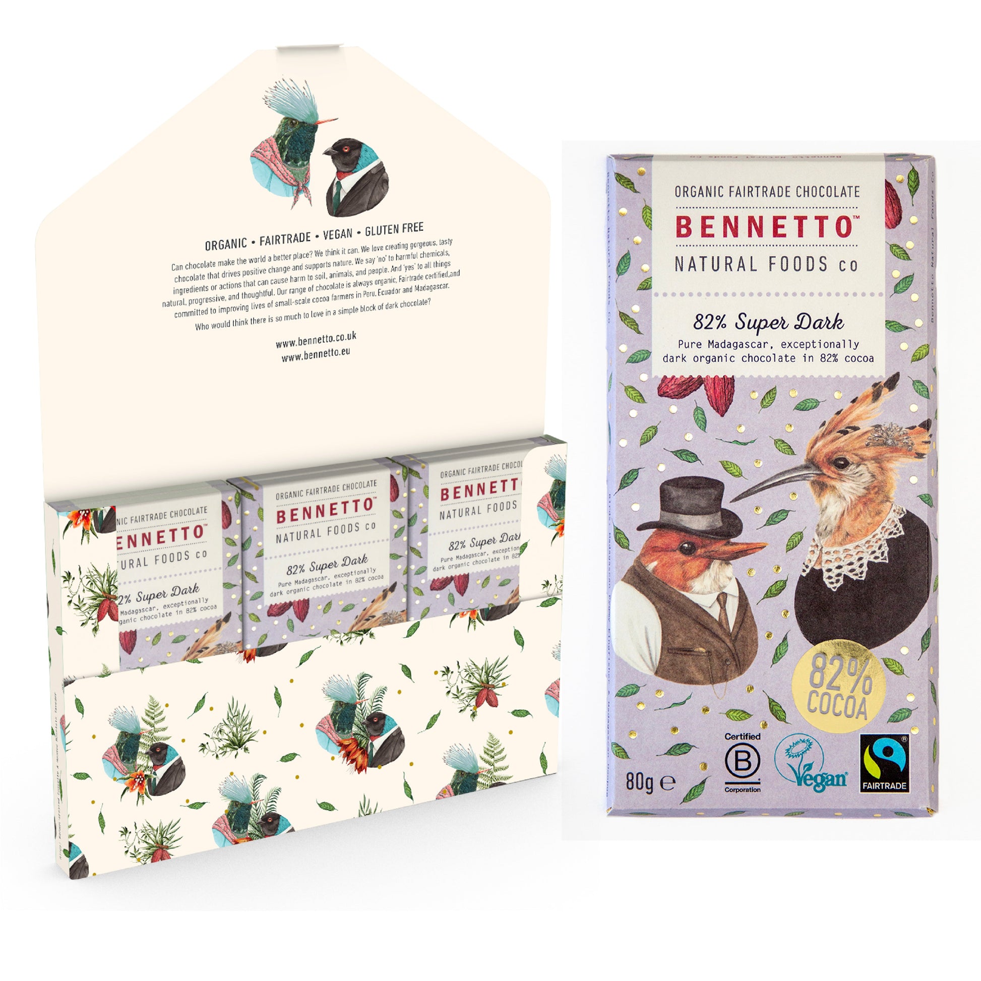 Bennetto Natural Foods UK 82% super dark chocolate bar in a six-pack, showcasing rich, smooth dark chocolate squares.