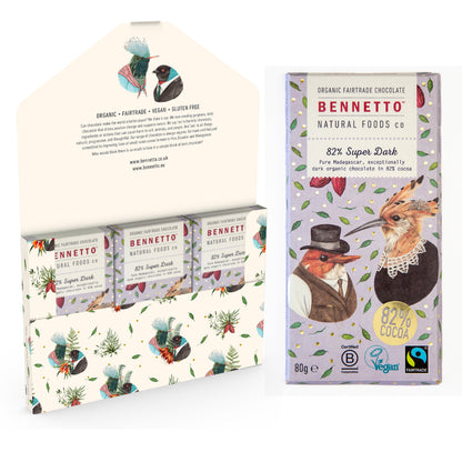 Bennetto Natural Foods UK 82% super dark chocolate bar in a six-pack, showcasing rich, smooth dark chocolate squares.