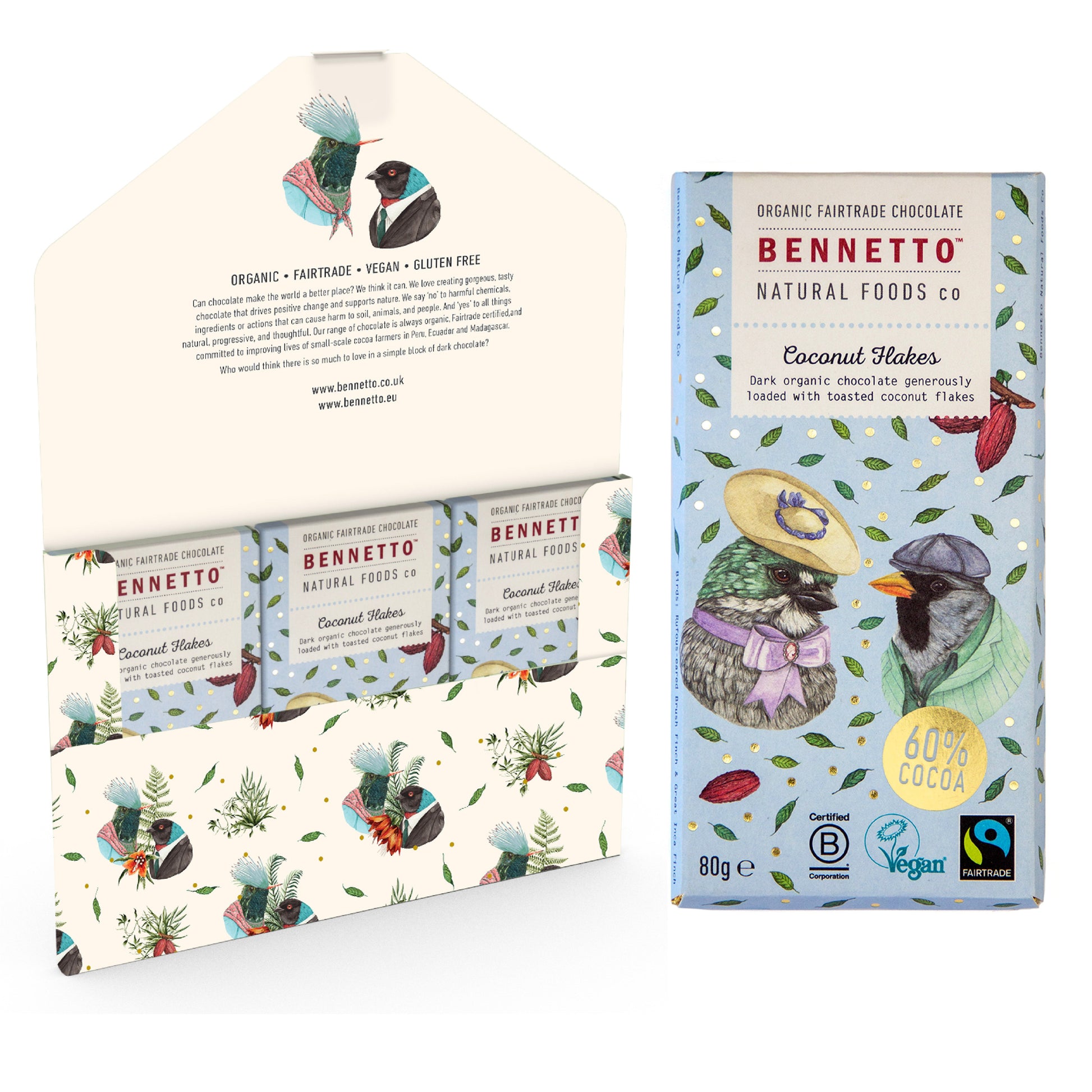 Bennetto Natural Foods UK chocolate coconut flakes in a 3-pack, close-up of shredded coconut coated with chocolate.