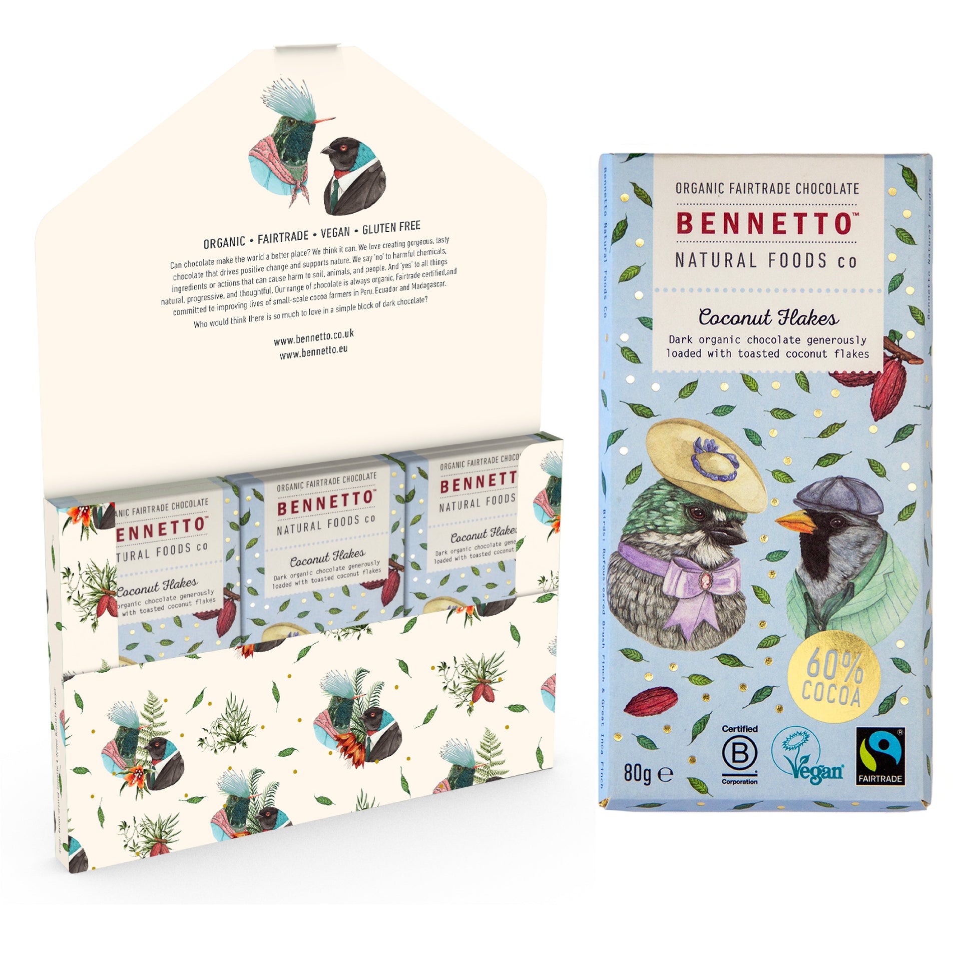 Bennetto Natural Foods UK chocolate coconut flakes in a 6-pack, close-up of the coconut-flavored chocolate pieces.
