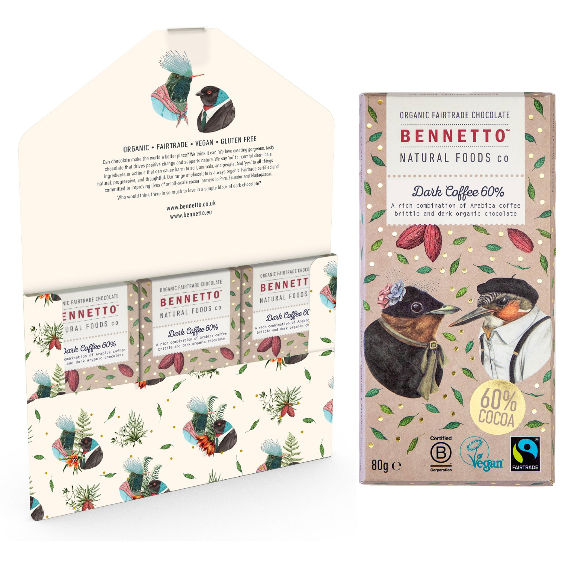 Bennetto Natural Foods UK dark chocolate coffee-flavored treat, three-pack of rich, smooth chocolate pieces for coffee lovers.