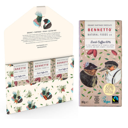 Bennetto Natural Foods UK dark chocolate coffee-flavored treat, three-pack of rich, smooth chocolate pieces for coffee lovers.