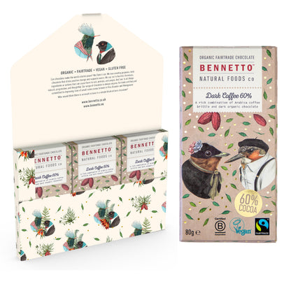 Bennetto Natural Foods UK dark chocolate coffee bar, rich and smooth, in a 6-pack package, ideal for chocolate and coffee lovers.