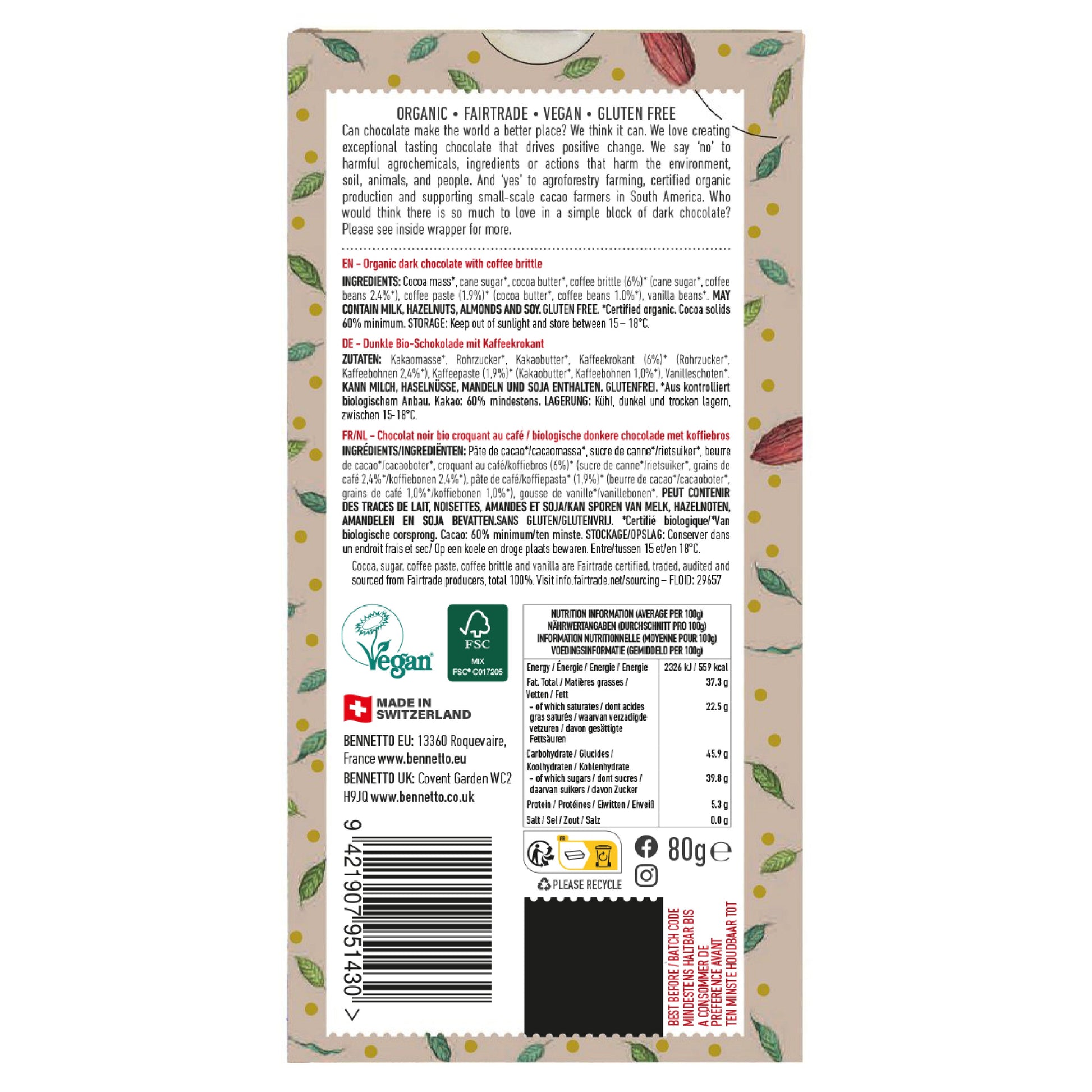 Dark coffee-flavored chocolate by Bennetto Natural Foods UK, showing a rich, dark chocolate bar with coffee beans.