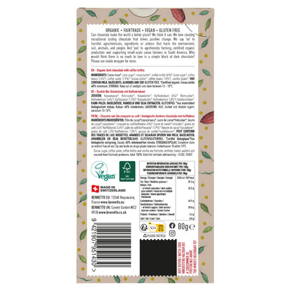 Dark coffee-flavored chocolate by Bennetto Natural Foods UK, showing a rich, dark chocolate bar with coffee beans.