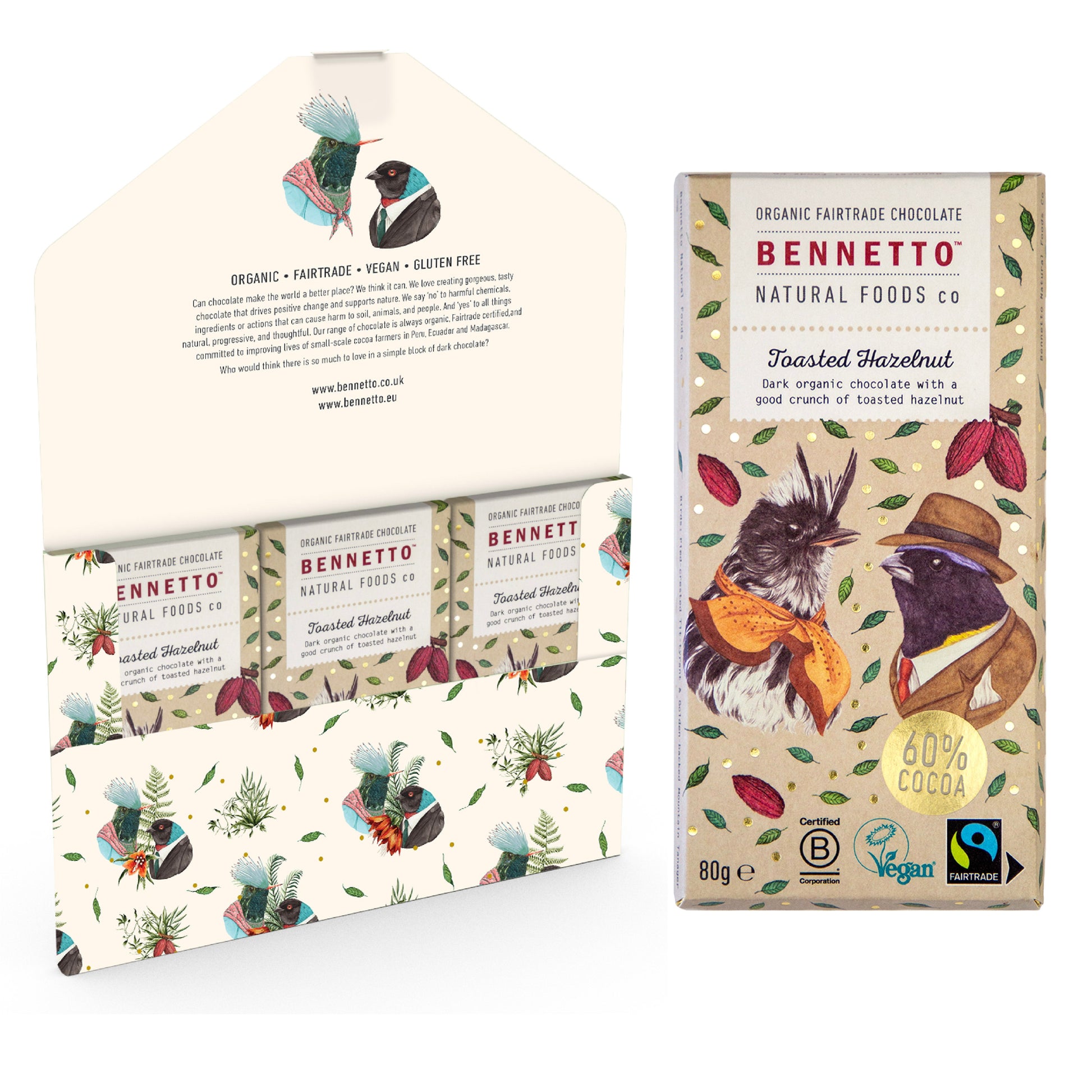 Bennetto Natural Foods UK toasted hazelnut chocolate pack with three bars, showcasing rich hazelnut-filled chocolate bars.