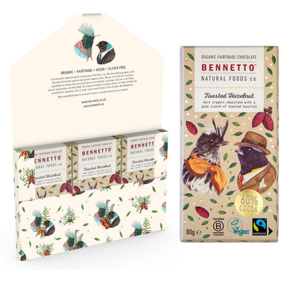 Bennetto Natural Foods UK toasted hazelnut chocolate in a 6-pack, featuring creamy chocolate with roasted hazelnuts.