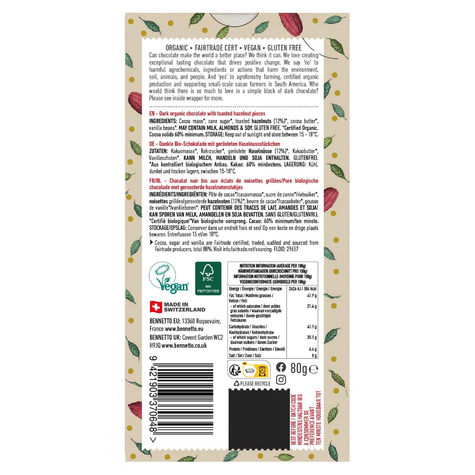 Bennetto Natural Foods UK toasted hazelnut chocolate in a wrapper, showing the product's packaging and branding.