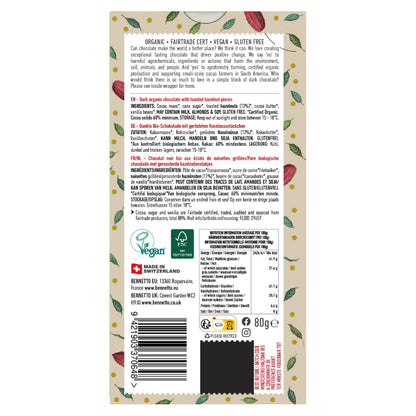 Bennetto Natural Foods UK toasted hazelnut chocolate in a wrapper, showing the product's packaging and branding.