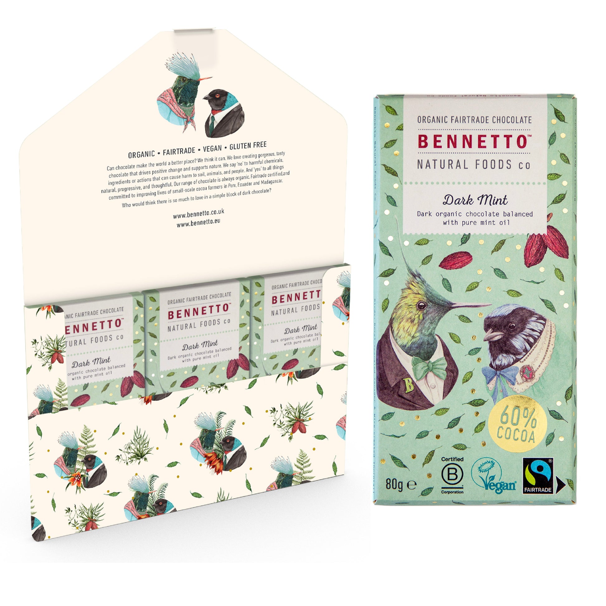 Bennetto Natural Foods UK dark mint chocolate in a 3-pack, showing rich chocolate pieces with a mint filling.