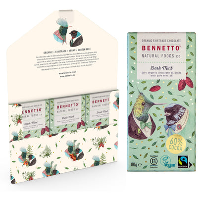 Bennetto Natural Foods UK dark mint chocolate in a 3-pack, showing rich chocolate pieces with a mint filling.
