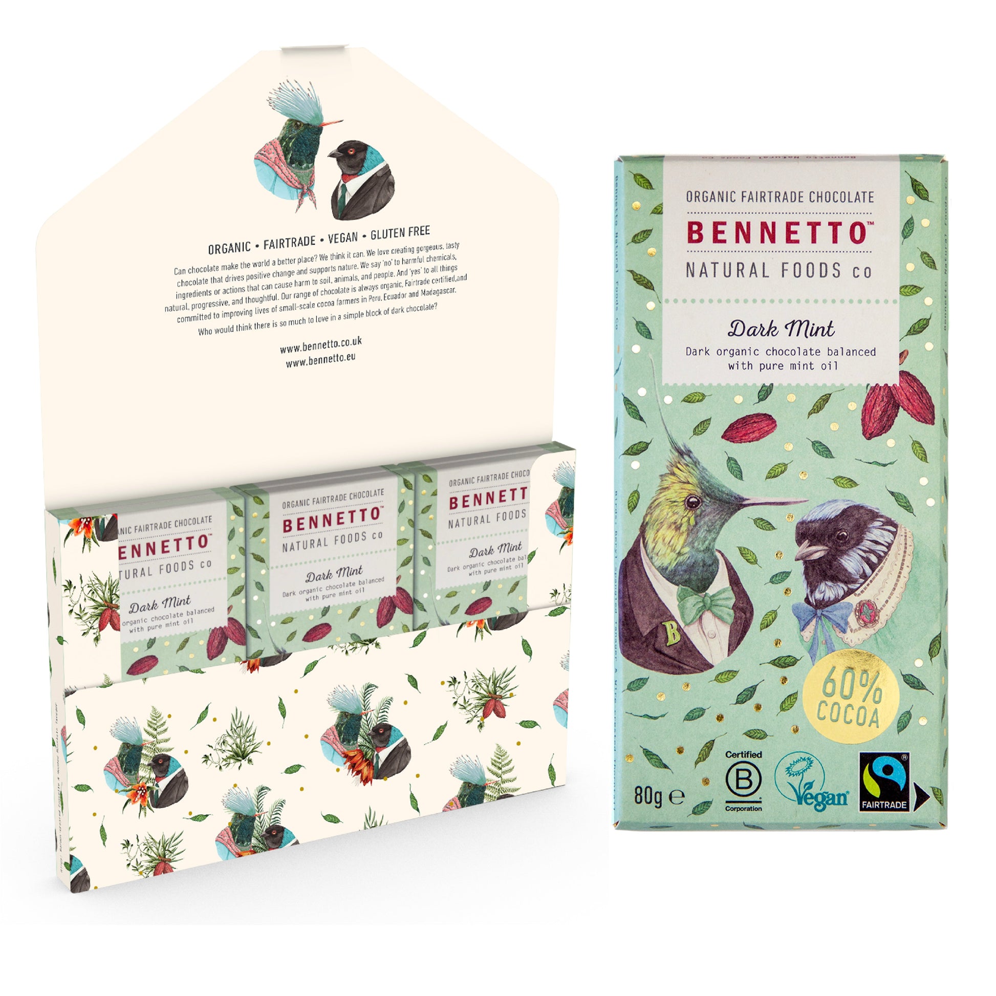 Bennetto Natural Foods UK dark mint chocolate in a 6-pack, showing individually wrapped dark mint chocolates on a white background.