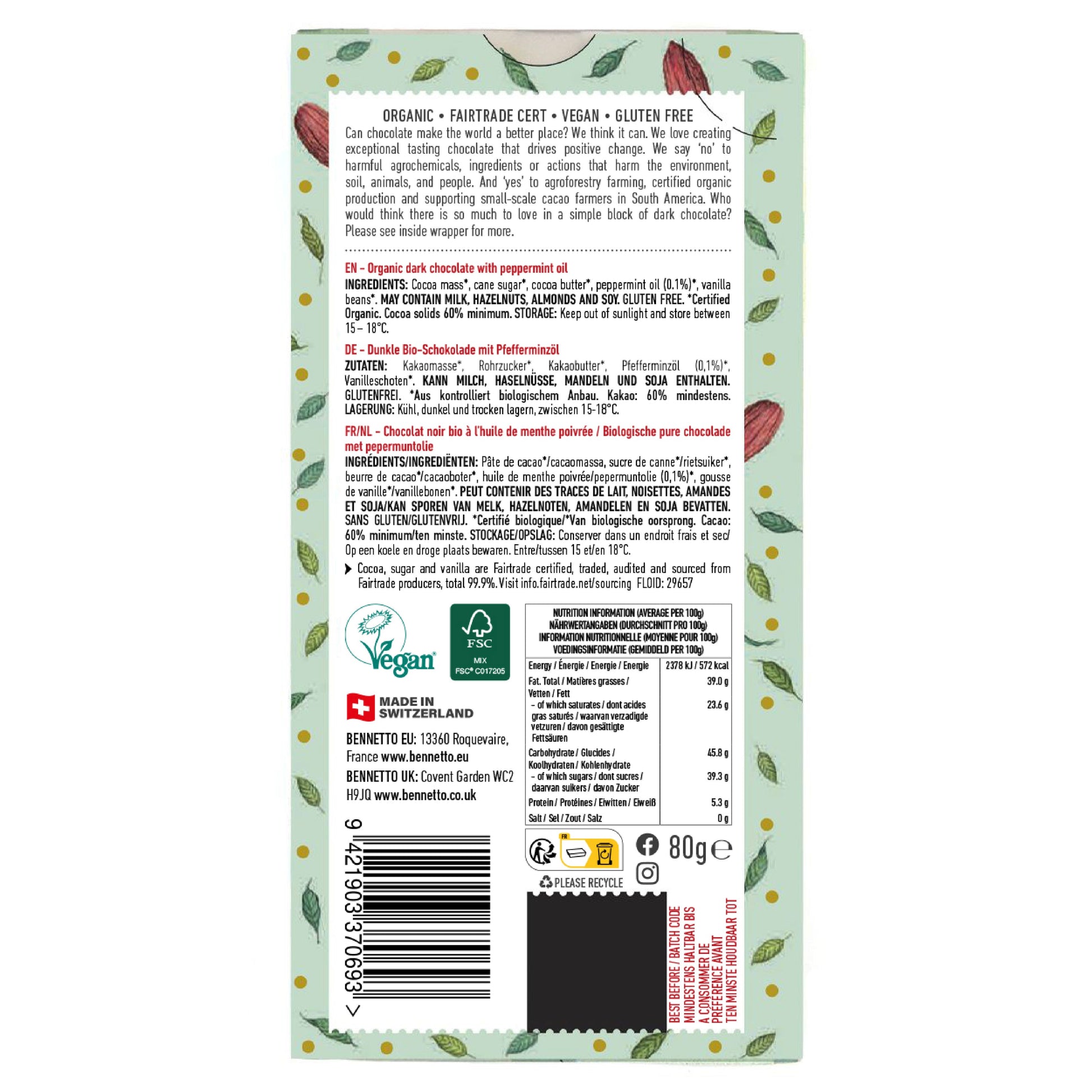 Dark mint chocolate by Bennetto Natural Foods UK, showing a close-up of rich dark chocolate with fresh mint leaves.