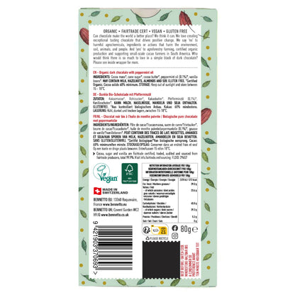 Dark mint chocolate by Bennetto Natural Foods UK, showing a close-up of rich dark chocolate with fresh mint leaves.