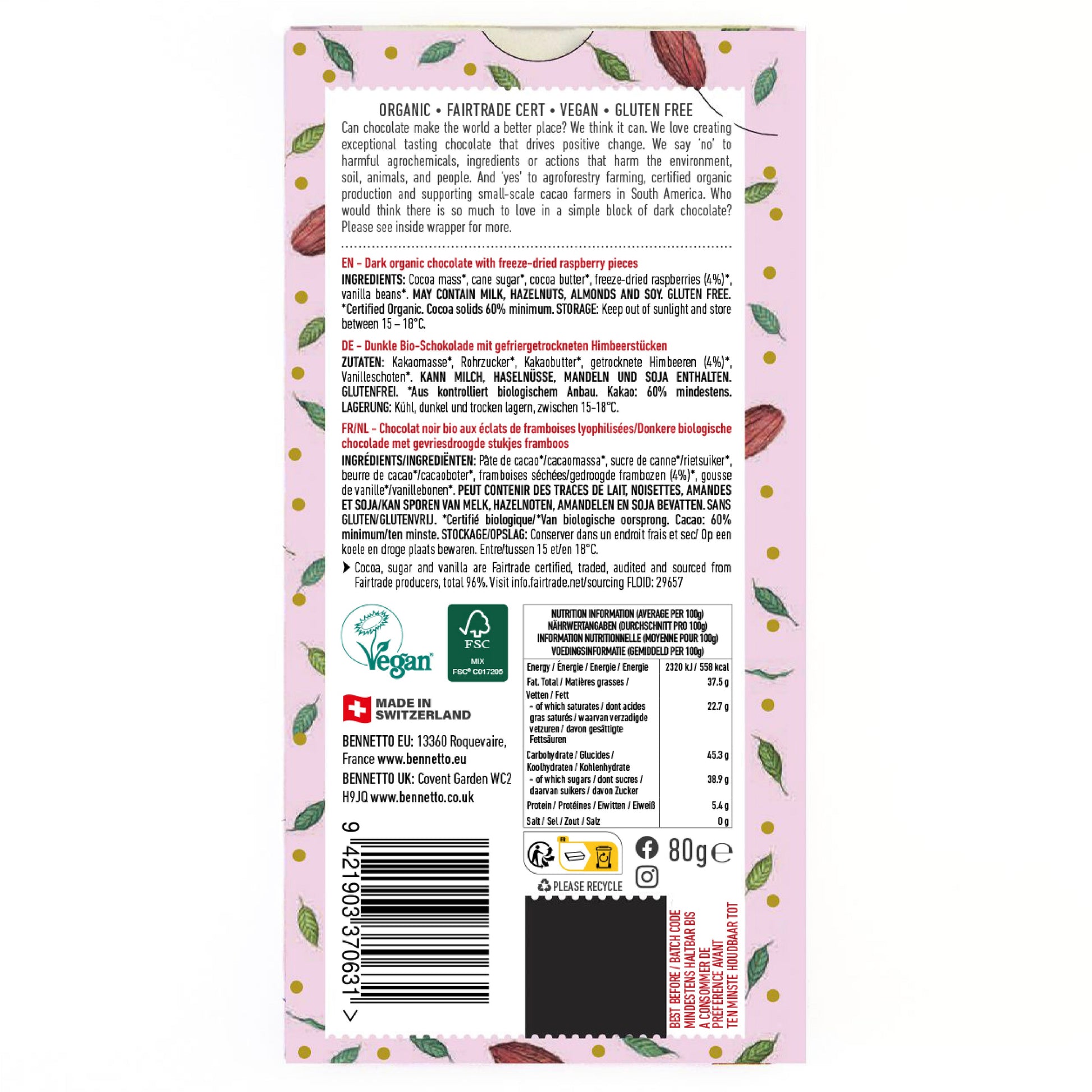 Bennetto Natural Foods UK dark chocolate with fresh raspberries, shown in a close-up image highlighting the berries and chocolate texture.