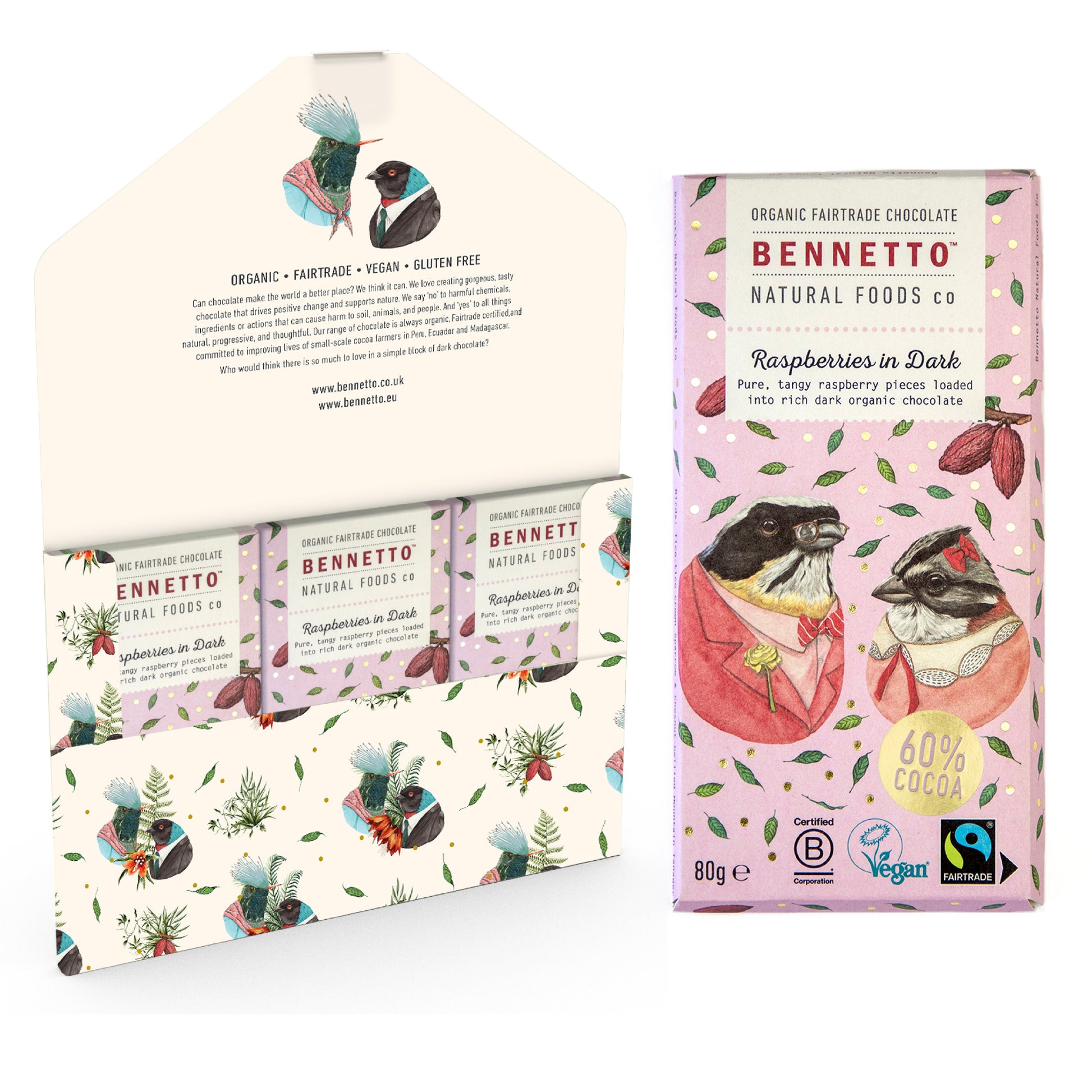 Bennetto Natural Foods UK dark chocolate with fresh raspberries in a 3-pack, showcasing rich chocolate and vibrant berries.