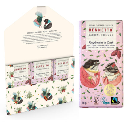 Bennetto Natural Foods UK dark chocolate with fresh raspberries in a 3-pack, showcasing rich chocolate and vibrant berries.