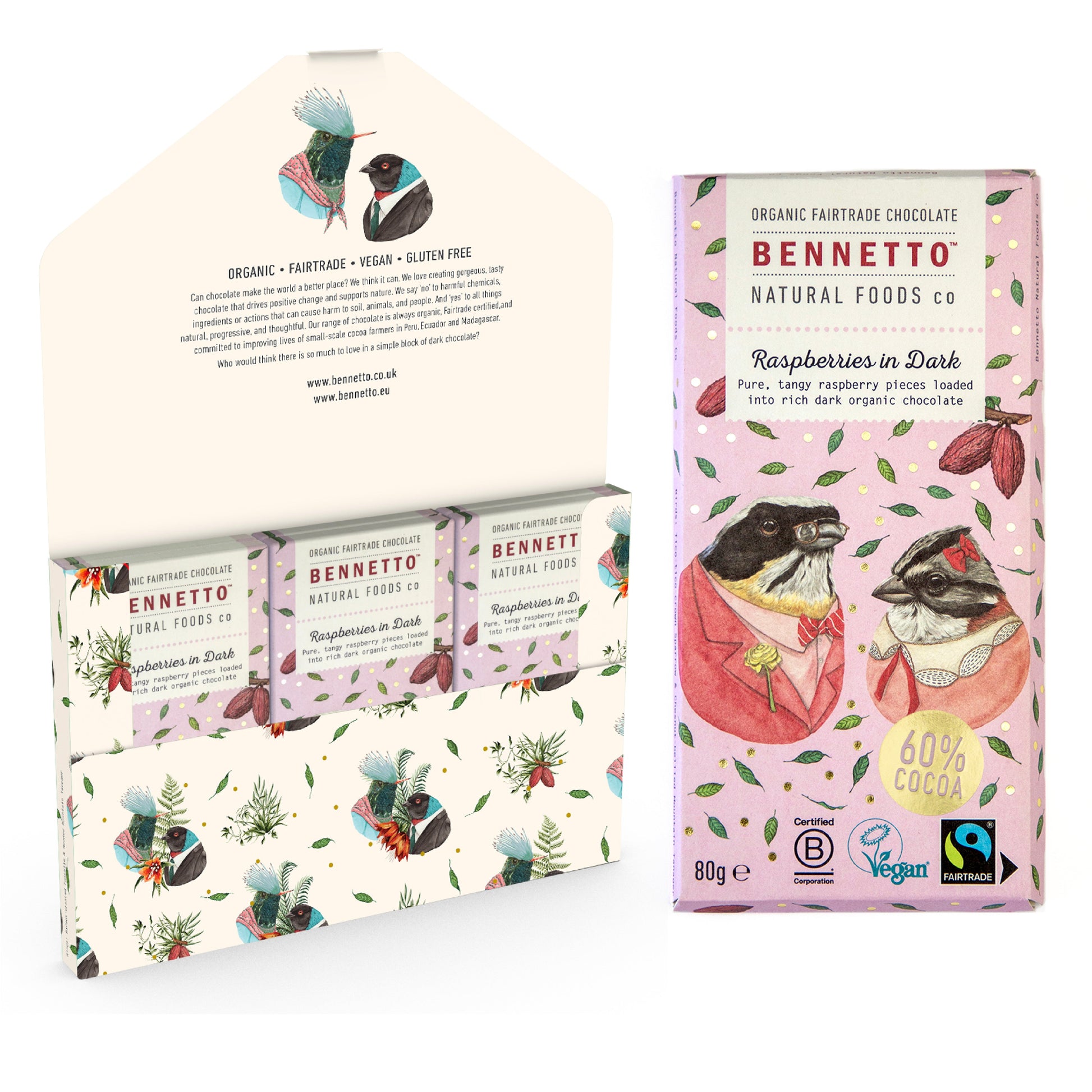 Dark chocolate raspberries by Bennetto Natural Foods UK, showing a close-up of fresh raspberries coated in rich dark chocolate.
