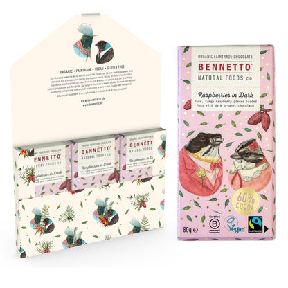 Dark chocolate raspberries by Bennetto Natural Foods UK, showing a close-up of fresh raspberries coated in rich dark chocolate.