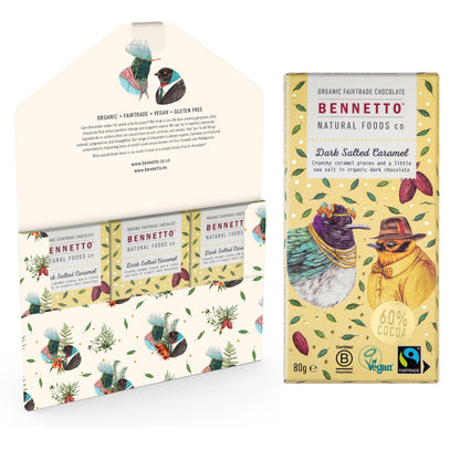 Bennetto Natural Foods UK dark salted caramel chocolate pack with three pieces on a white background