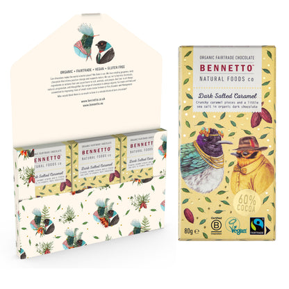 Dark salted caramel chocolates by Bennetto Natural Foods UK, showing a close-up of six rich, smooth salted caramel chocolate pieces.
