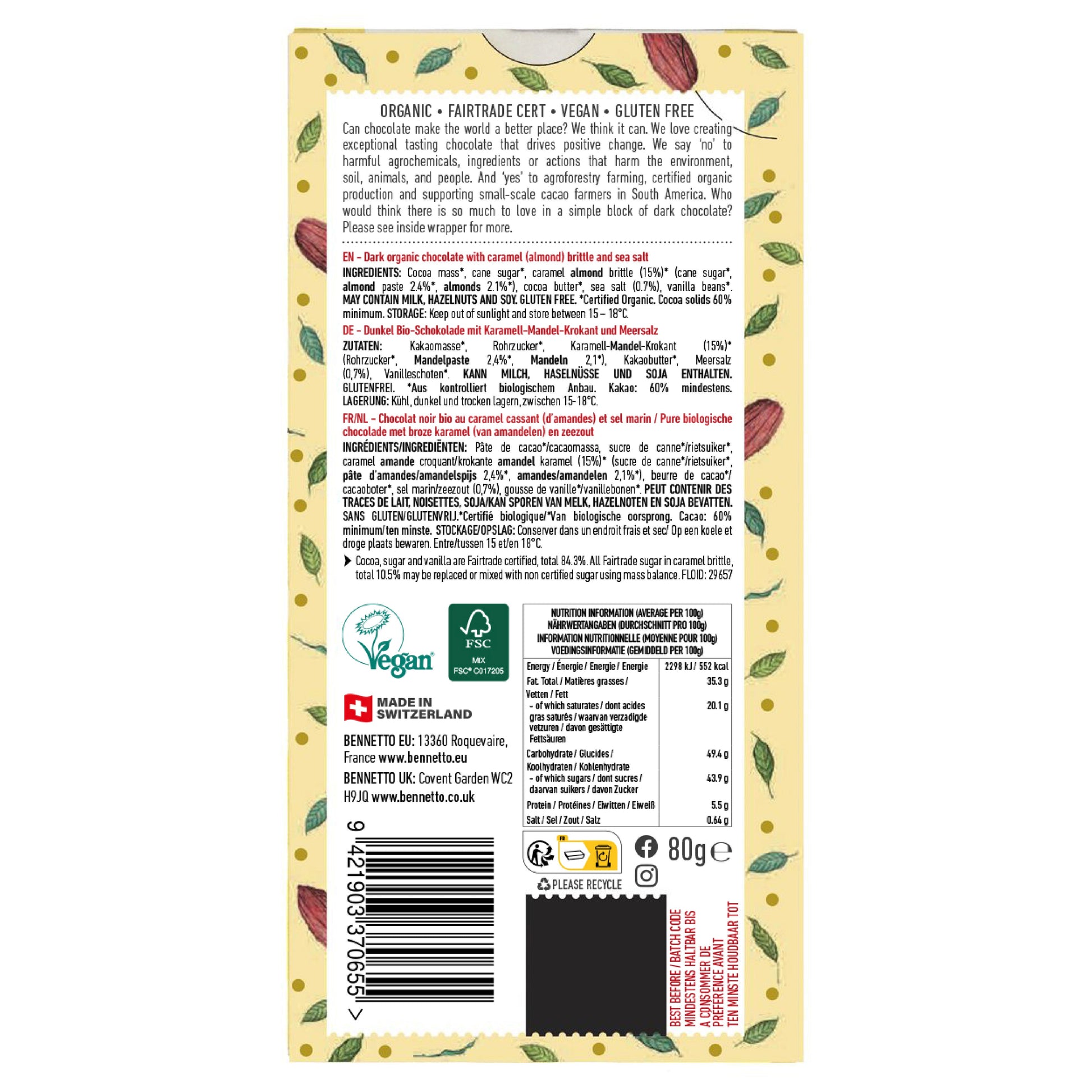 Dark salted caramel chocolate bar by Bennetto Natural Foods UK, showing the rich, smooth caramel filling inside the chocolate.