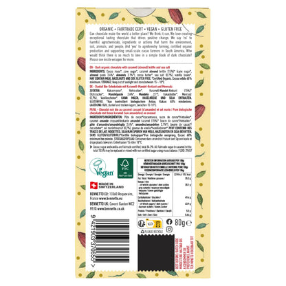 Dark salted caramel chocolate bar by Bennetto Natural Foods UK, showing the rich, smooth caramel filling inside the chocolate.