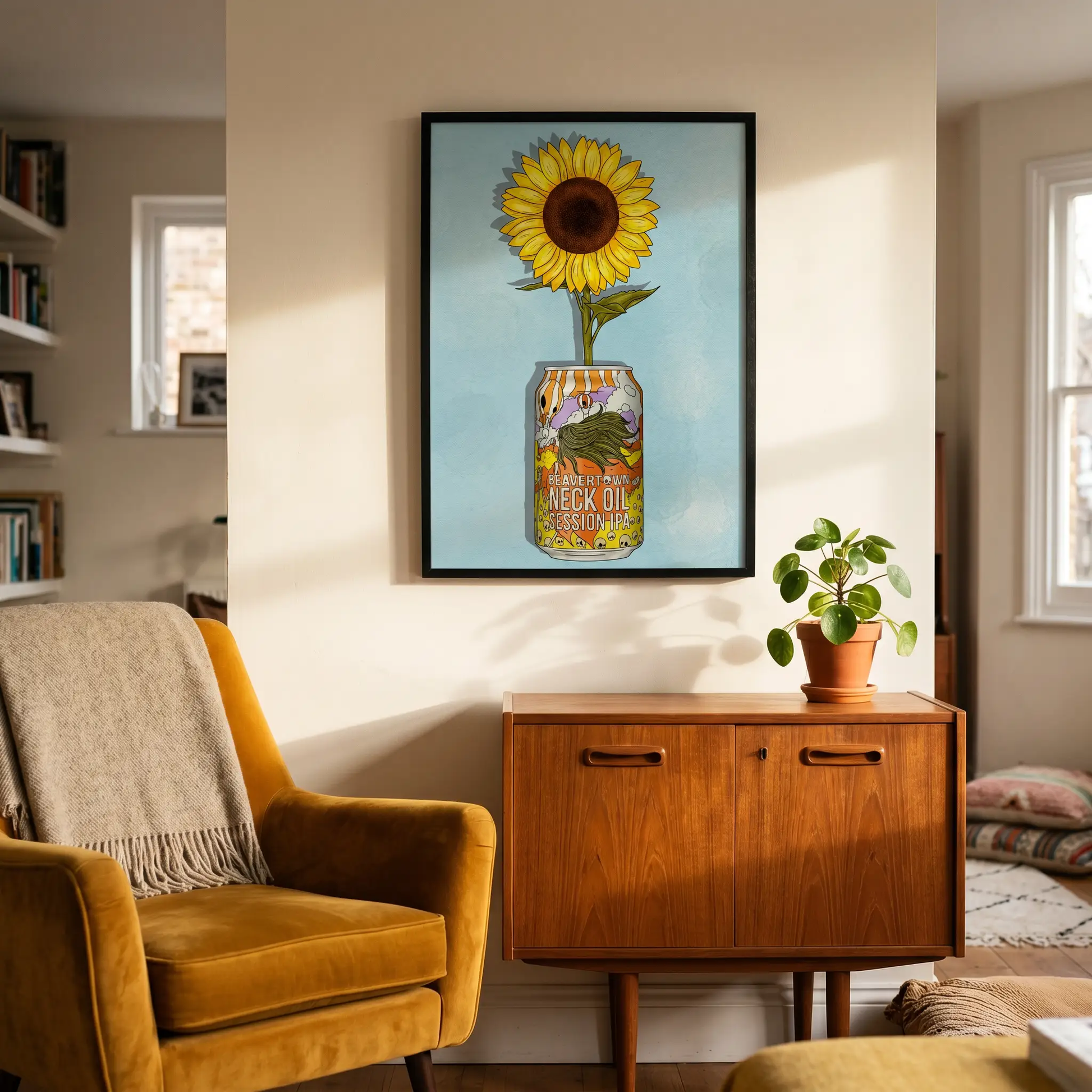 Framed artwork print featuring a Nano Banana design by Beavertown & Flowers, displayed in a stylish frame, by Glassware UK.