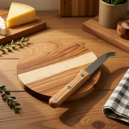 Acacia cheese set with knife and board from Glassware UK, displayed on a wooden table with cheese and grapes for serving.