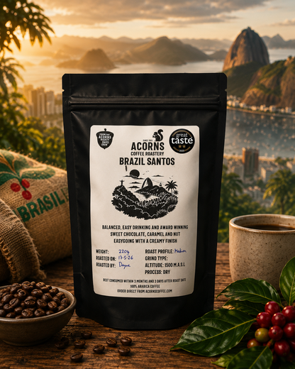 Medium roast Brazil Santos coffee from Acorns Coffee & Cake, showcasing the packaging with a balanced, easy-drinking coffee blend.