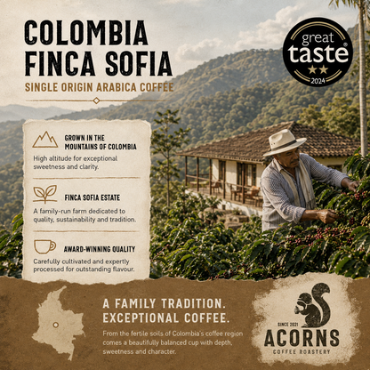 Coffee beans from Acorns Coffee & Cake's Colombia Finca Sofia coffee, showcasing the rich, roasted beans with detailed explanation.