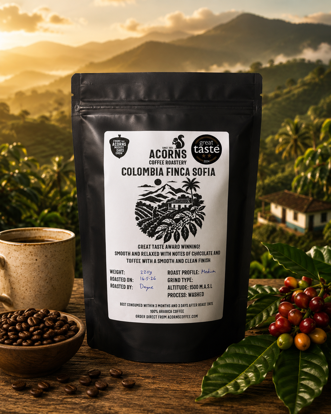 Acorns Coffee & Cake Colombia Finca Sofia coffee bag with scenic landscape design and smooth, balanced flavor profile.