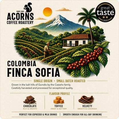Bag of Acorns Coffee Colombia Finca Sofia coffee beans with a velvety chocolate appearance.