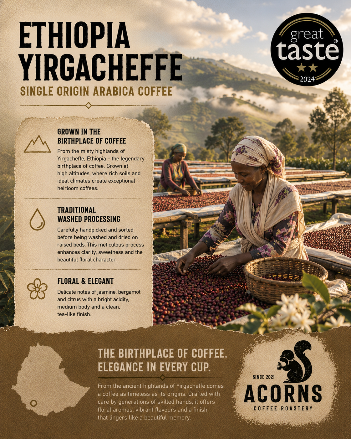 Ethiopian Yirgacheffe medium roast coffee by Acorns Coffee & Cake, featuring bright floral notes and an elegant presentation.