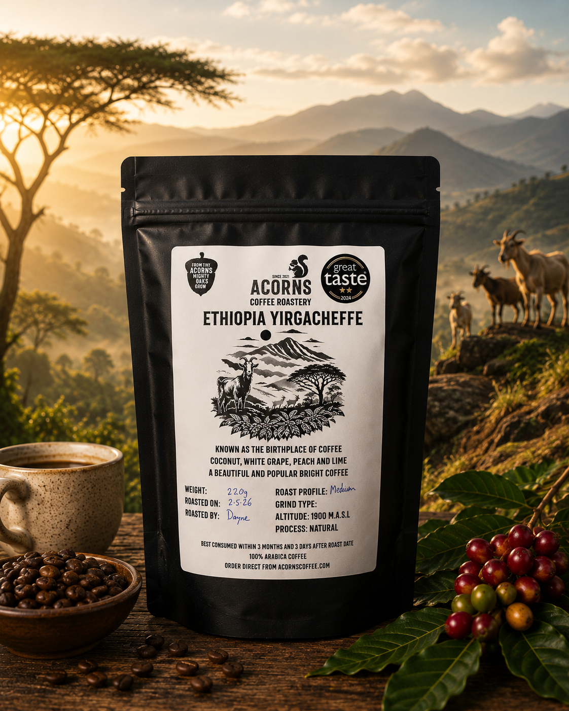Ethiopian Yirgacheffe coffee beans by Acorns Coffee & Cake, medium roast, bright flavors with peach and grape notes in packaging.