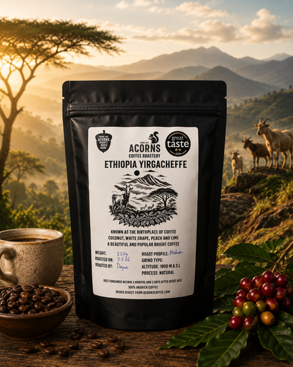 Ethiopian Yirgacheffe coffee beans by Acorns Coffee & Cake, medium roast, bright flavors with peach and grape notes in packaging.