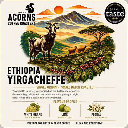 Ethiopian Yirgacheffe coffee from Acorns Coffee & Cake, medium roast with grape, lime, and floral notes in a coffee cup.