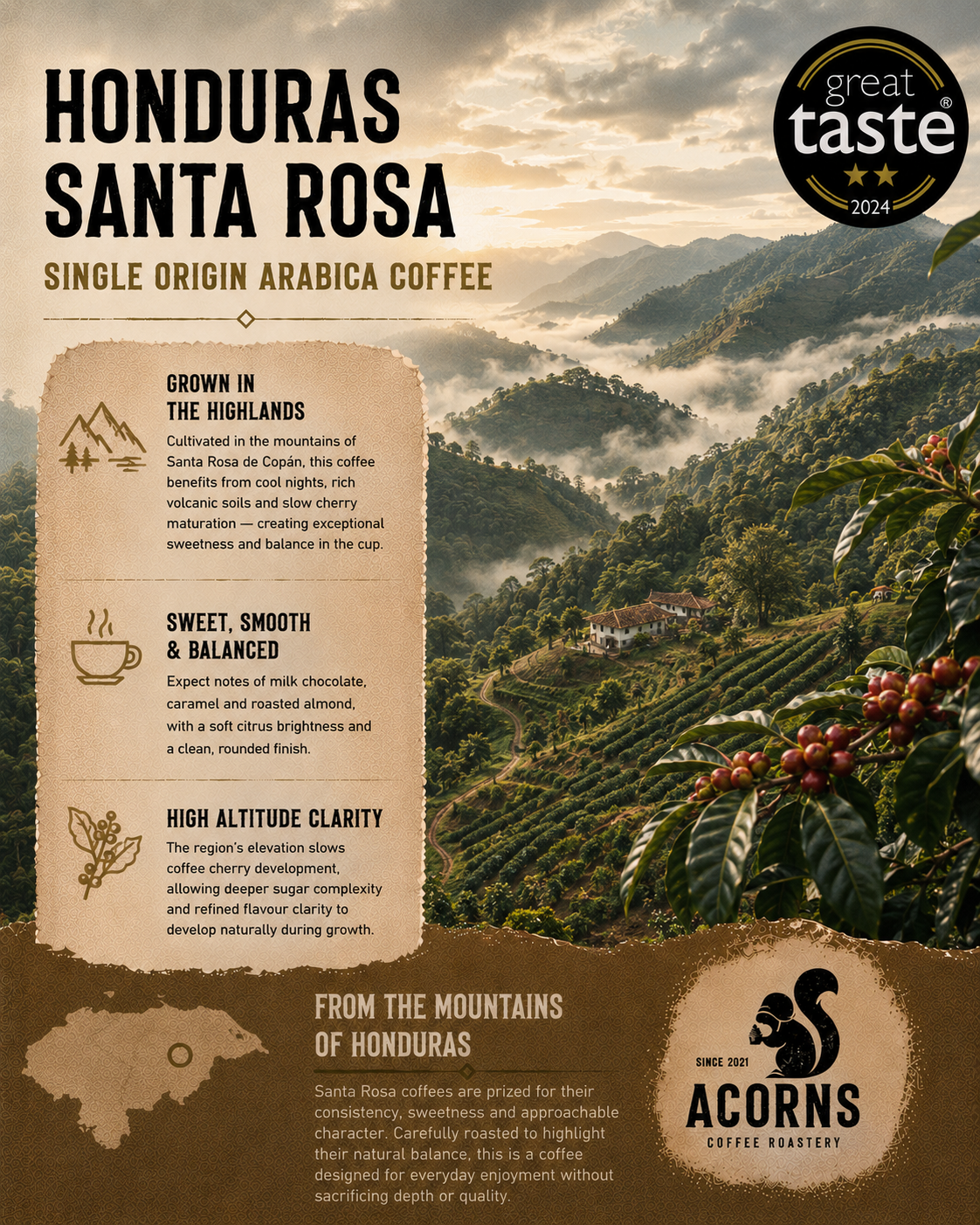 Medium roast coffee from Honduras Santa Rosa by Acorns Coffee & Cake, shown in a bag with a scenic mountain landscape.