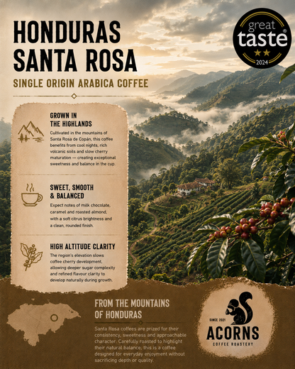 Medium roast coffee from Honduras Santa Rosa by Acorns Coffee & Cake, shown in a bag with a scenic mountain landscape.