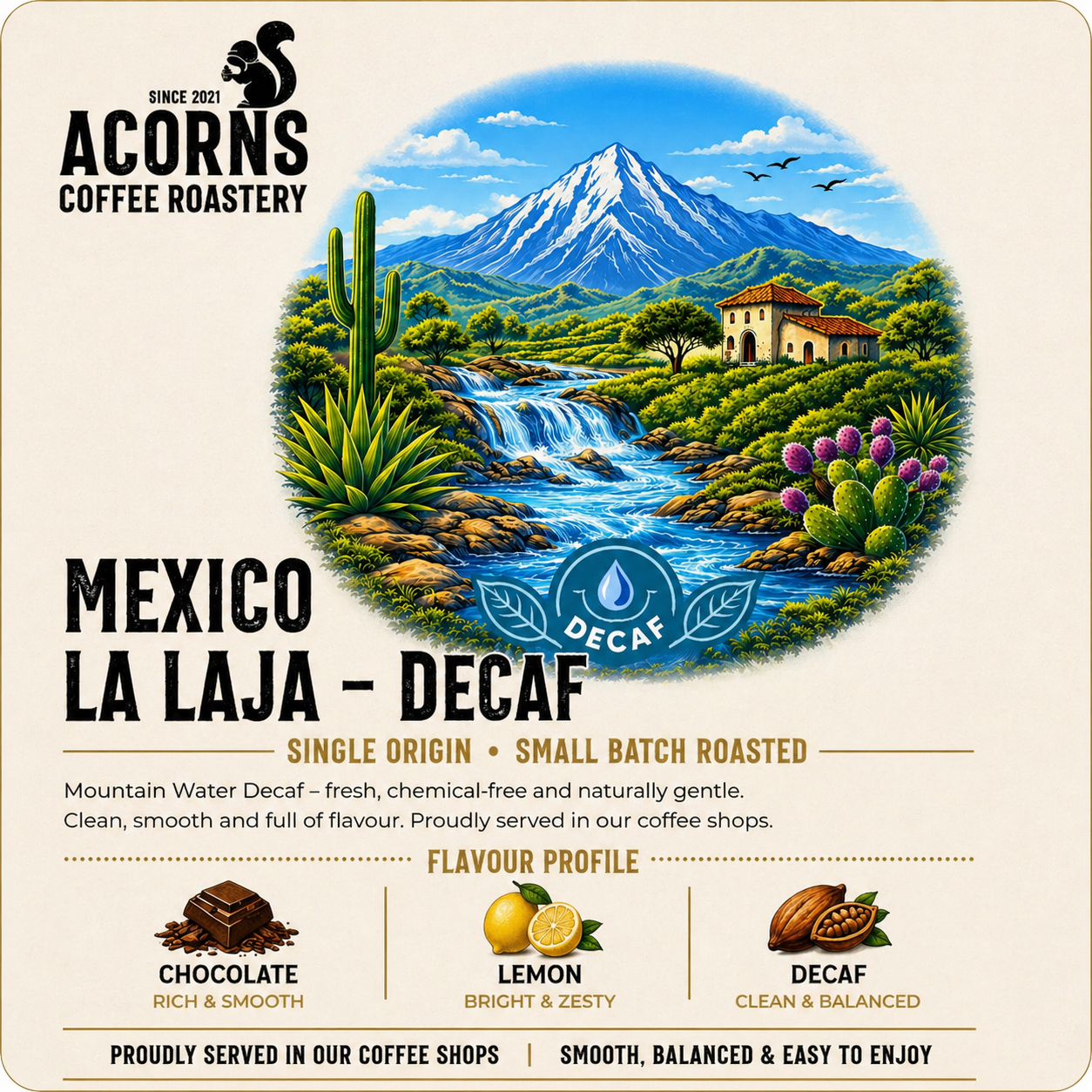 Acorns Coffee & Cake Mexico Mountain Water Decaf coffee cup with chocolate and lemon flavors, served in a mug.